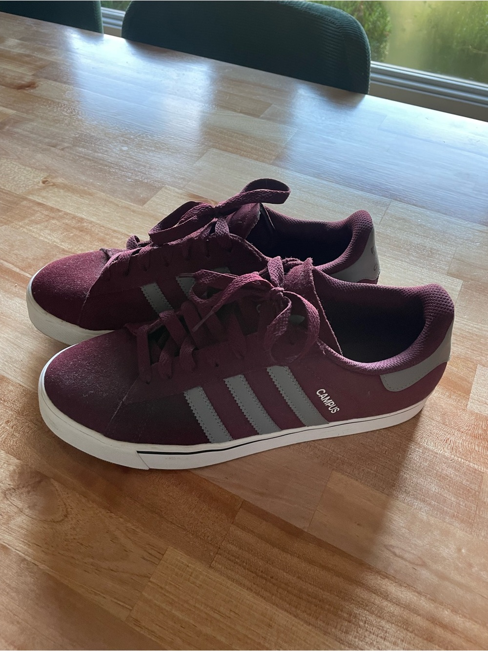 adidas men’s Campus Sneakers in Burgundy with Gray Stripes